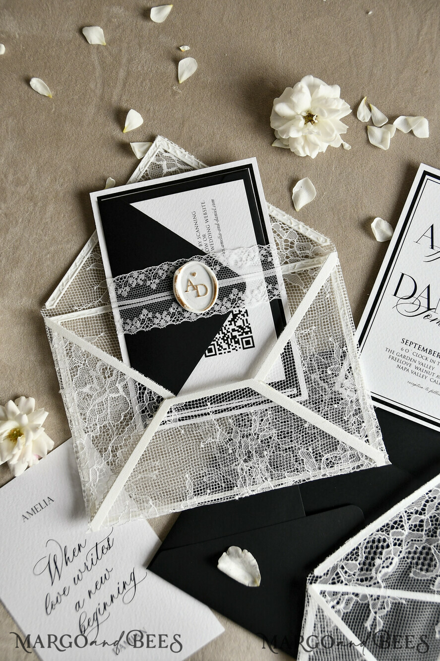 WEDDING INVITATIONS vintage lace/ rustic lace Luxury French Lace Wedding Invitations with Double Envelope | Elegant Black & Ivory Wedding Invitation Suite