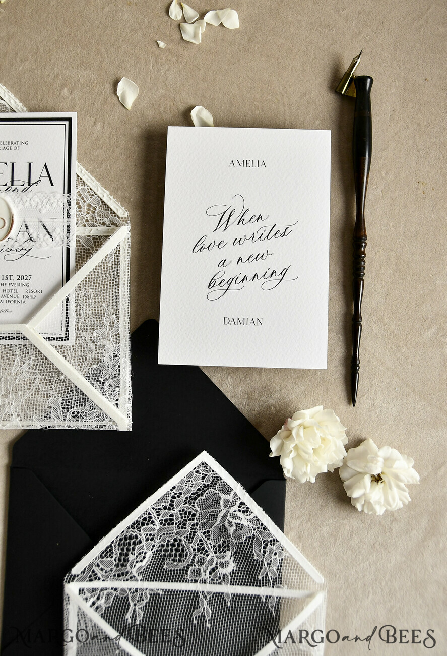 WEDDING INVITATIONS vintage lace/ rustic lace Luxury French Lace Wedding Invitations with Double Envelope | Elegant Black & Ivory Wedding Invitation Suite