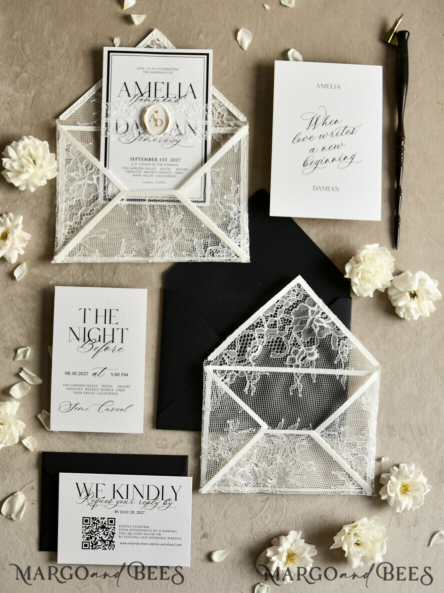 WEDDING INVITATIONS vintage lace/ rustic lace Luxury French Lace Wedding Invitations with Double Envelope | Elegant Black & Ivory Wedding Invitation Suite