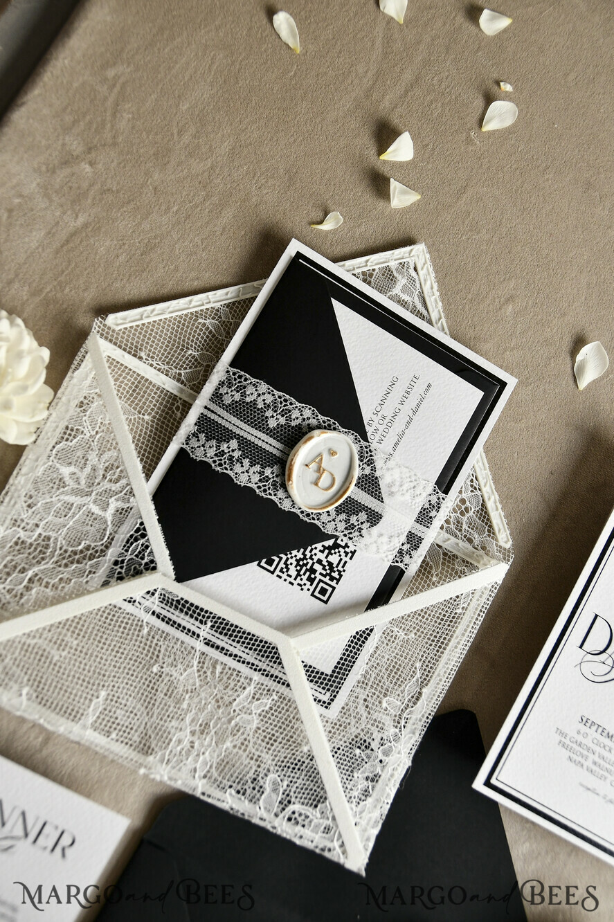 WEDDING INVITATIONS vintage lace/ rustic lace Luxury French Lace Wedding Invitations with Double Envelope | Elegant Black & Ivory Wedding Invitation Suite