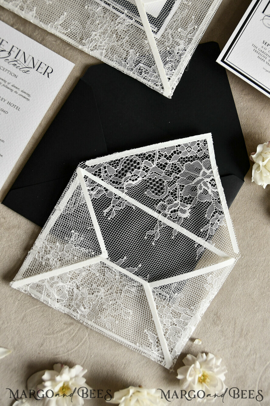 WEDDING INVITATIONS vintage lace/ rustic lace Luxury French Lace Wedding Invitations with Double Envelope | Elegant Black & Ivory Wedding Invitation Suite