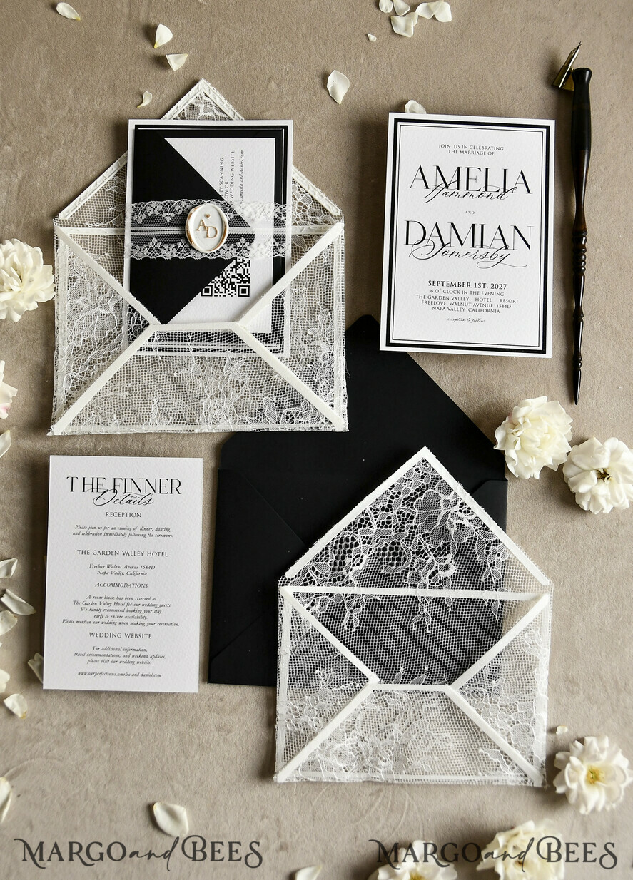 WEDDING INVITATIONS vintage lace/ rustic lace Luxury French Lace Wedding Invitations with Double Envelope | Elegant Black & Ivory Wedding Invitation Suite