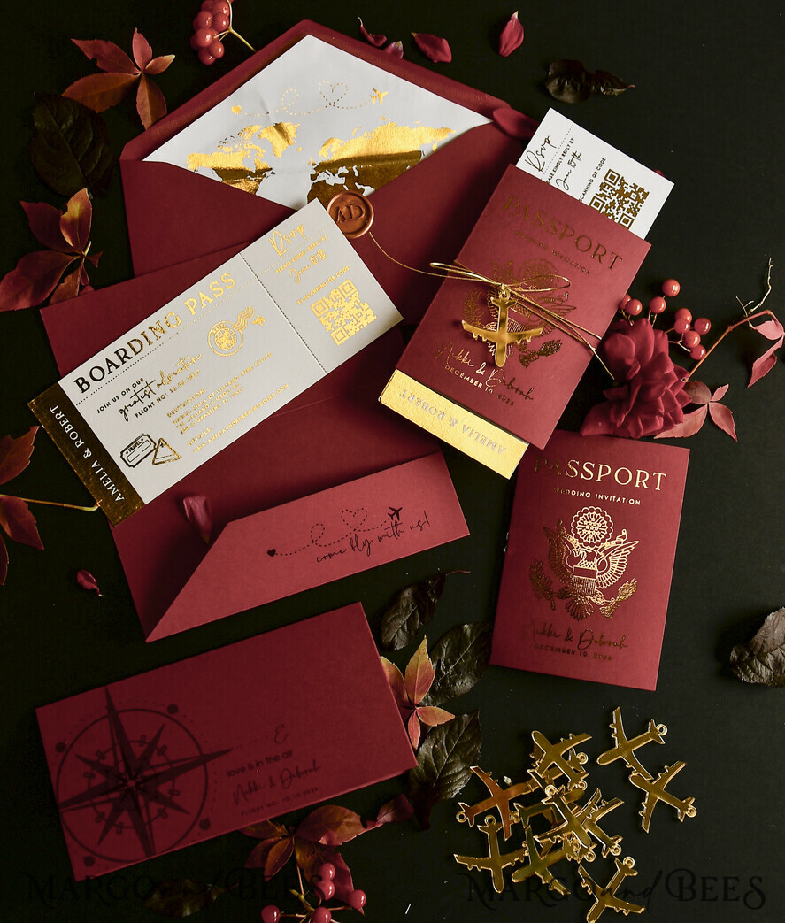 WEDDING INVITATIONS passport to love/ beach wedding invites  Gold beige Passport Wedding Invitation, Golden Wedding Cards Boarding Pass, Bespoke Travel Passport Wedding Invitations Abroad, Destination Greece Wedding Invites, Travel Map Wedding Stationary,  World map 