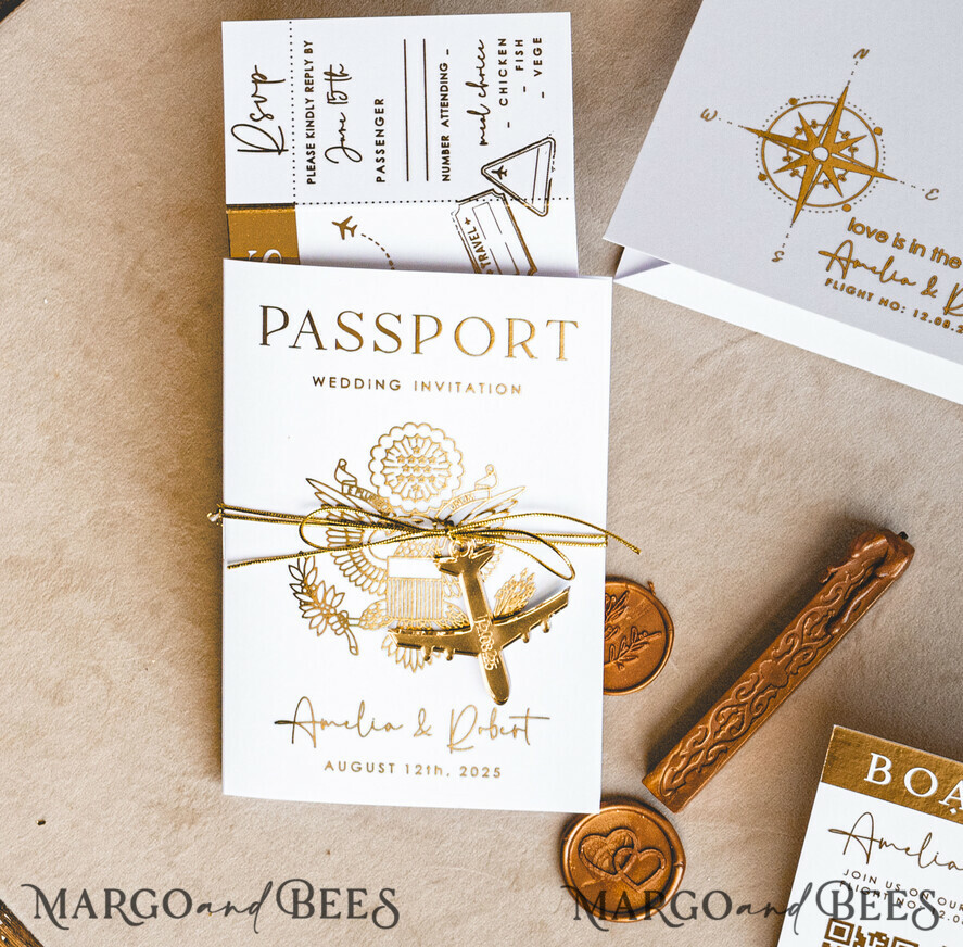 WEDDING INVITATIONS passport to love/ beach wedding invites  Gold White Passport Wedding Invitation, Golden Wedding Cards Boarding Pass, Bespoke Travel Passport Wedding Invitations Abroad, Destination Greece Wedding Invites, Travel Map Wedding Stationary,  World map 