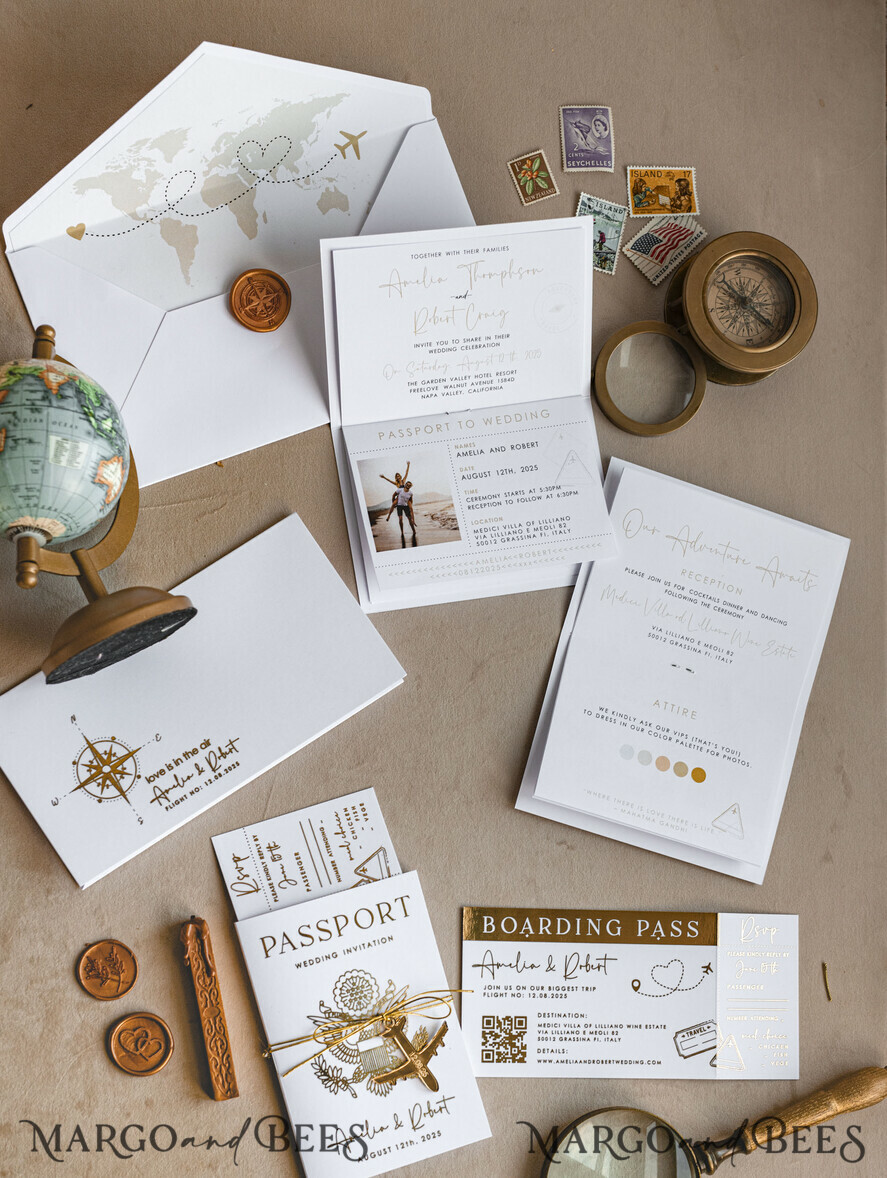 WEDDING INVITATIONS passport to love/ beach wedding invites  Gold White Passport Wedding Invitation, Golden Wedding Cards Boarding Pass, Bespoke Travel Passport Wedding Invitations Abroad, Destination Greece Wedding Invites, Travel Map Wedding Stationary,  World map 