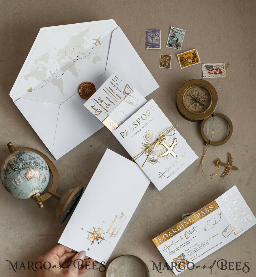WEDDING INVITATIONS passport to love/ beach wedding invites  Gold White Passport Wedding Invitation, Golden Wedding Cards Boarding Pass, Bespoke Travel Passport Wedding Invitations Abroad, Destination Greece Wedding Invites, Travel Map Wedding Stationary,  World map 