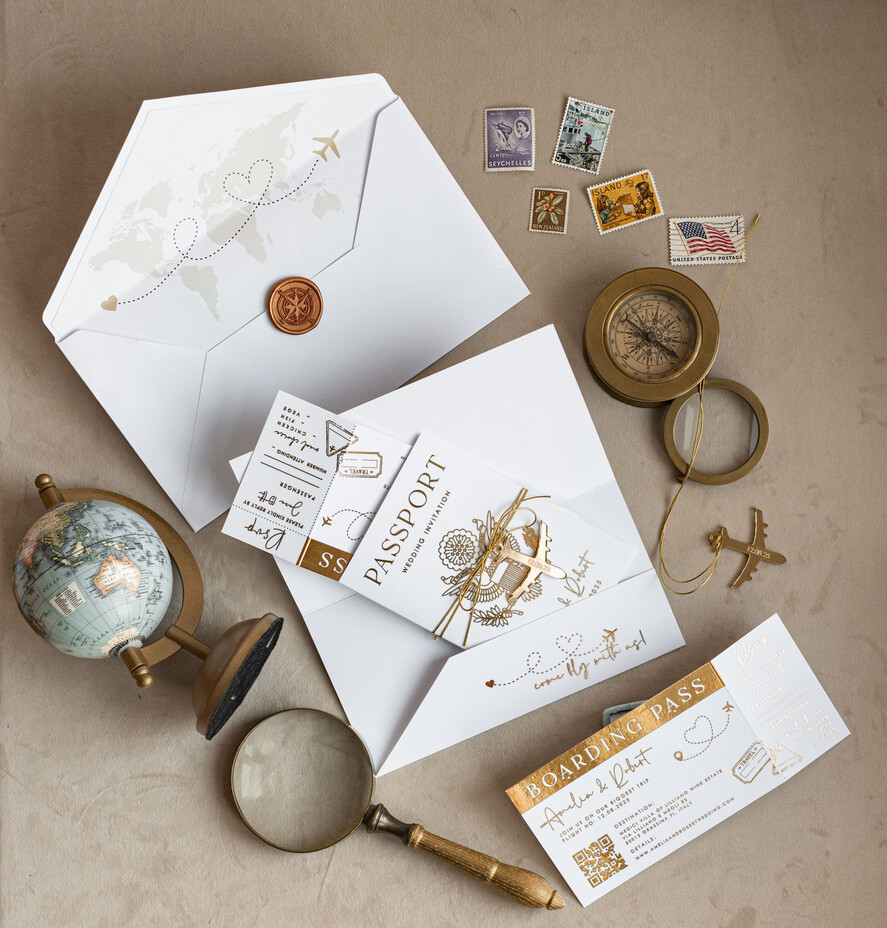WEDDING INVITATIONS passport to love/ beach wedding invites  Gold White Passport Wedding Invitation, Golden Wedding Cards Boarding Pass, Bespoke Travel Passport Wedding Invitations Abroad, Destination Greece Wedding Invites, Travel Map Wedding Stationary,  World map 