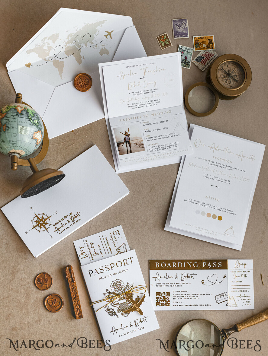 WEDDING INVITATIONS passport to love/ beach wedding invites  Gold White Passport Wedding Invitation, Golden Wedding Cards Boarding Pass, Bespoke Travel Passport Wedding Invitations Abroad, Destination Greece Wedding Invites, Travel Map Wedding Stationary,  World map 