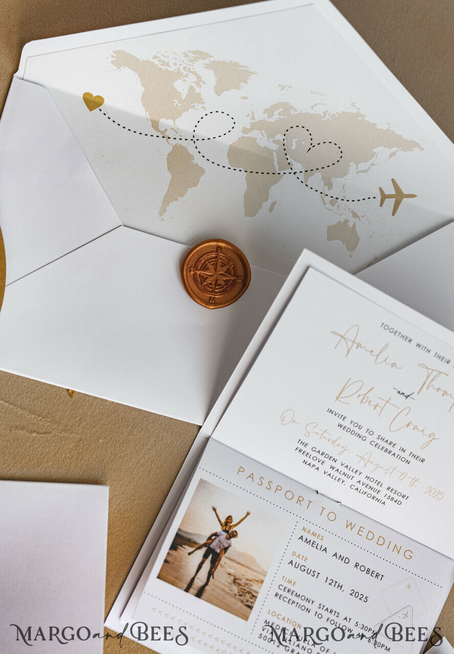 WEDDING INVITATIONS passport to love/ beach wedding invites  Gold White Passport Wedding Invitation, Golden Wedding Cards Boarding Pass, Bespoke Travel Passport Wedding Invitations Abroad, Destination Greece Wedding Invites, Travel Map Wedding Stationary,  World map 