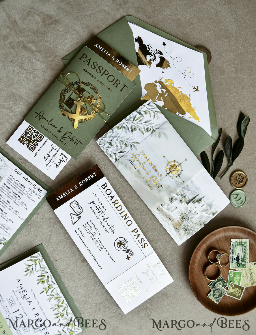 WEDDING INVITATIONS passport to love/ beach wedding invites  Sage Green Passport Wedding Invitation, Wedding Cards  Boarding Pass,  Tuscany Passport Wedding Invitations  Abroad, Destination Wedding Invites, Travel Map Wedding Stationary