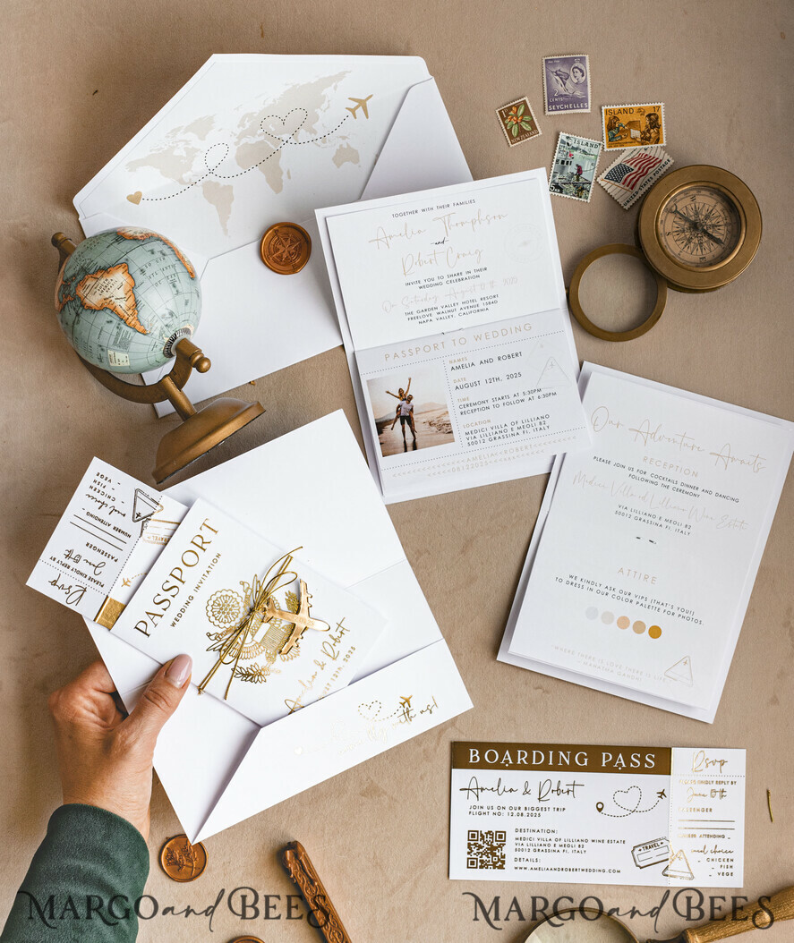 HOCHZEITS EINLADUNGEN Pass zur Liebe / Strandhochzeits-Einladungen Goldweiße Pass-Wedding-Einladung, goldene Hochzeitskarten Boarding Pass, maßgeschneiderte Reise-Pass-Hochzeits-Einladungen im Ausland, Hochzeits-Einladungen für Destination Griechenland, Reisekarten-Hochzeitsstationery, Weltkarte