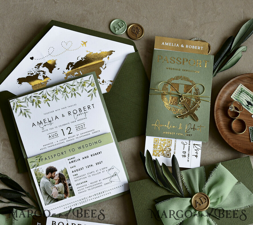 WEDDING INVITATIONS passport to love/ beach wedding invites  Gold Sage green Passport Wedding Invitation, Golden Wedding Cards Boarding Pass, Greenry Travel Passport Wedding Invitations Abroad, Destination Greece Wedding Invites, Tuscany Travel Map Wedding Stationary Italy World map 