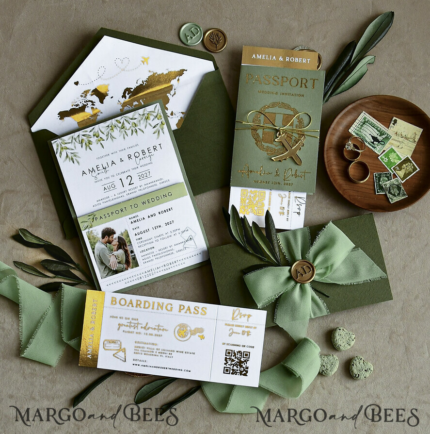 WEDDING INVITATIONS passport to love/ beach wedding invites  Gold Sage green Passport Wedding Invitation, Golden Wedding Cards Boarding Pass, Greenry Travel Passport Wedding Invitations Abroad, Destination Greece Wedding Invites, Tuscany Travel Map Wedding Stationary Italy World map 