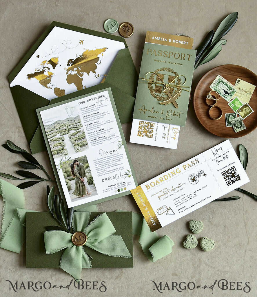 WEDDING INVITATIONS passport to love/ beach wedding invites  Gold Sage green Passport Wedding Invitation, Golden Wedding Cards Boarding Pass, Greenry Travel Passport Wedding Invitations Abroad, Destination Greece Wedding Invites, Tuscany Travel Map Wedding Stationary Italy World map 