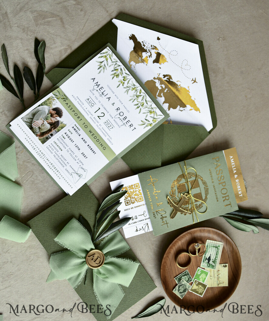 WEDDING INVITATIONS passport to love/ beach wedding invites  Gold Sage green Passport Wedding Invitation, Golden Wedding Cards Boarding Pass, Greenry Travel Passport Wedding Invitations Abroad, Destination Greece Wedding Invites, Tuscany Travel Map Wedding Stationary Italy World map 