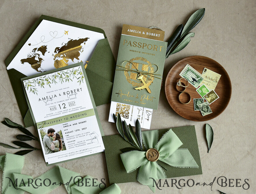 WEDDING INVITATIONS passport to love/ beach wedding invites  Gold Sage green Passport Wedding Invitation, Golden Wedding Cards Boarding Pass, Greenry Travel Passport Wedding Invitations Abroad, Destination Greece Wedding Invites, Tuscany Travel Map Wedding Stationary Italy World map 