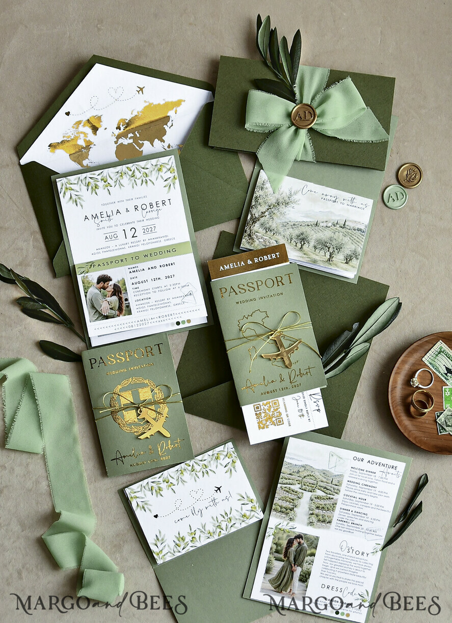WEDDING INVITATIONS passport to love/ beach wedding invites  Gold Sage green Passport Wedding Invitation, Golden Wedding Cards Boarding Pass, Greenry Travel Passport Wedding Invitations Abroad, Destination Greece Wedding Invites, Tuscany Travel Map Wedding Stationary Italy World map 