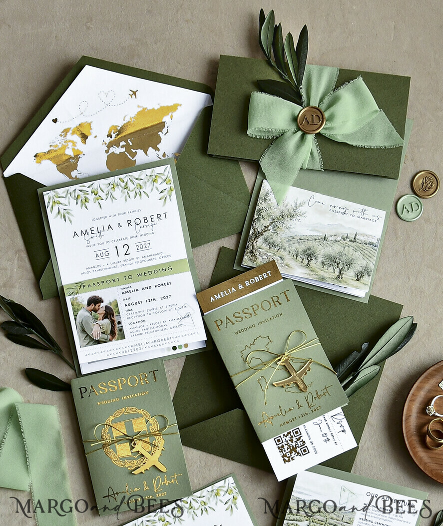 WEDDING INVITATIONS passport to love/ beach wedding invites  Gold Sage green Passport Wedding Invitation, Golden Wedding Cards Boarding Pass, Greenry Travel Passport Wedding Invitations Abroad, Destination Greece Wedding Invites, Tuscany Travel Map Wedding Stationary Italy World map 