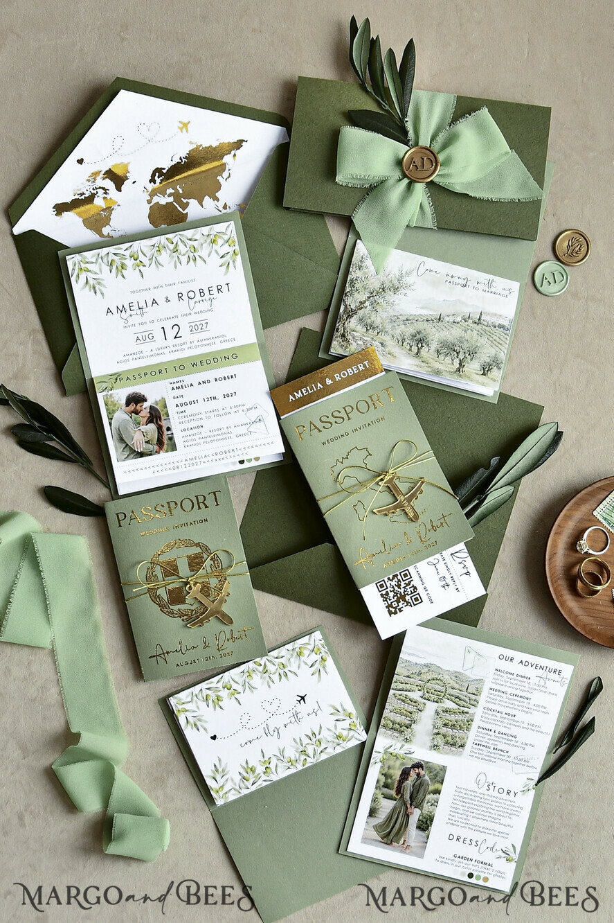 WEDDING INVITATIONS passport to love/ beach wedding invites  Gold Sage green Passport Wedding Invitation, Golden Wedding Cards Boarding Pass, Greenry Travel Passport Wedding Invitations Abroad, Destination Greece Wedding Invites, Tuscany Travel Map Wedding Stationary Italy World map 