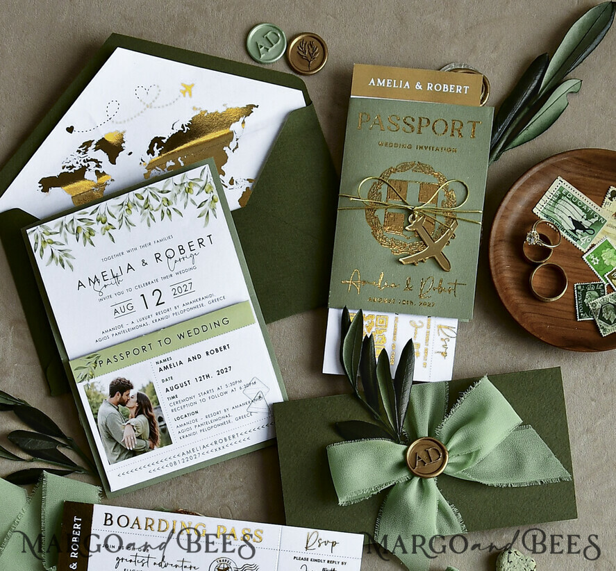 WEDDING INVITATIONS passport to love/ beach wedding invites  Gold Sage green Passport Wedding Invitation, Golden Wedding Cards Boarding Pass, Greenry Travel Passport Wedding Invitations Abroad, Destination Greece Wedding Invites, Tuscany Travel Map Wedding Stationary Italy World map 