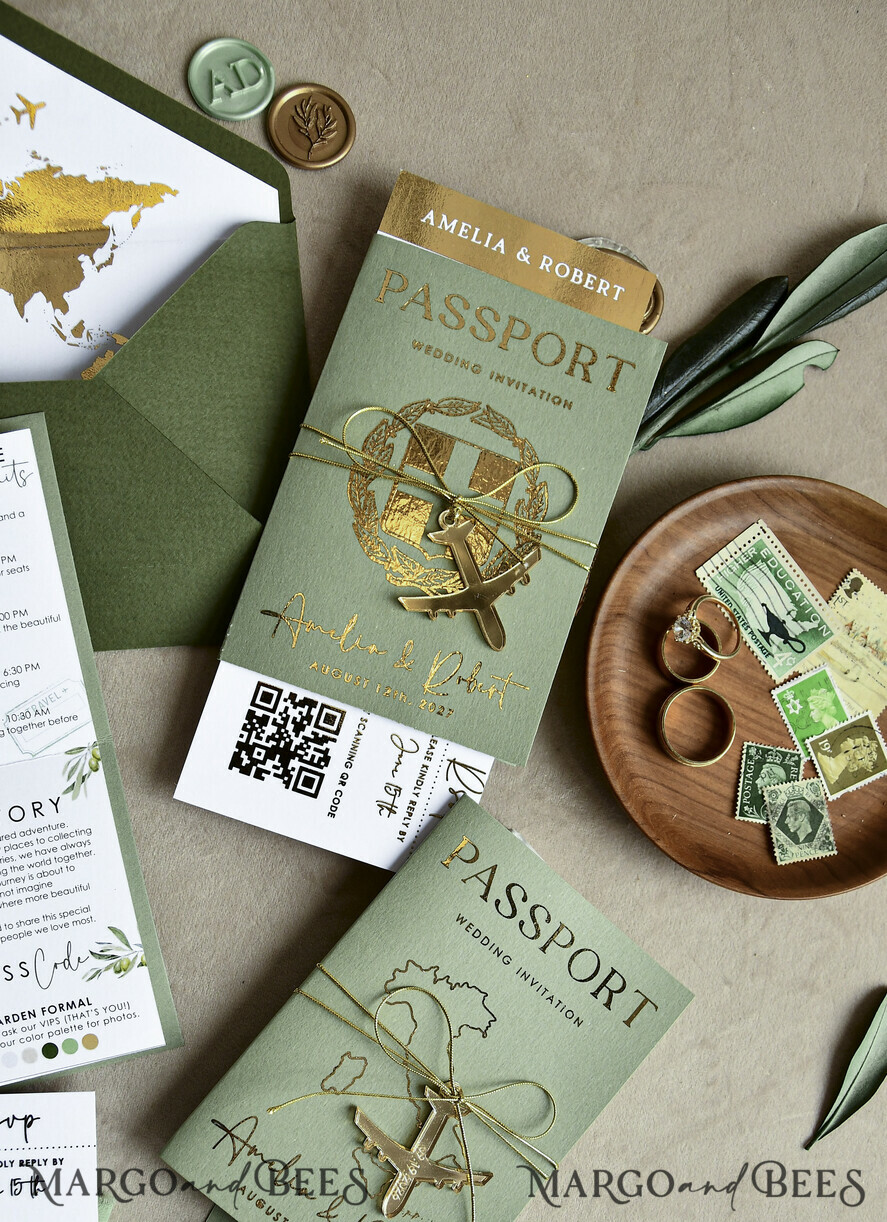 WEDDING INVITATIONS passport to love/ beach wedding invites  Gold Sage green Passport Wedding Invitation, Golden Wedding Cards Boarding Pass, Greenry Travel Passport Wedding Invitations Abroad, Destination Greece Wedding Invites, Tuscany Travel Map Wedding Stationary Italy World map 