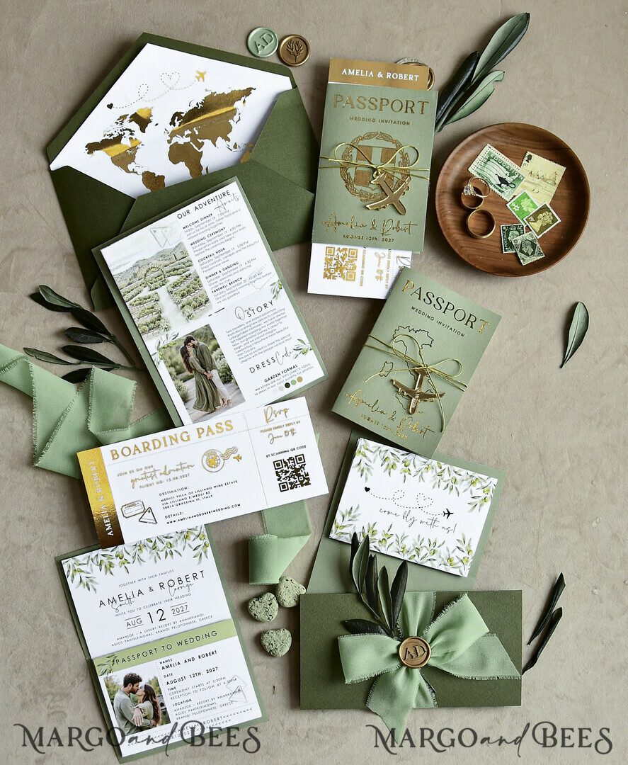 WEDDING INVITATIONS passport to love/ beach wedding invites  Gold Sage green Passport Wedding Invitation, Golden Wedding Cards Boarding Pass, Greenry Travel Passport Wedding Invitations Abroad, Destination Greece Wedding Invites, Tuscany Travel Map Wedding Stationary Italy World map 