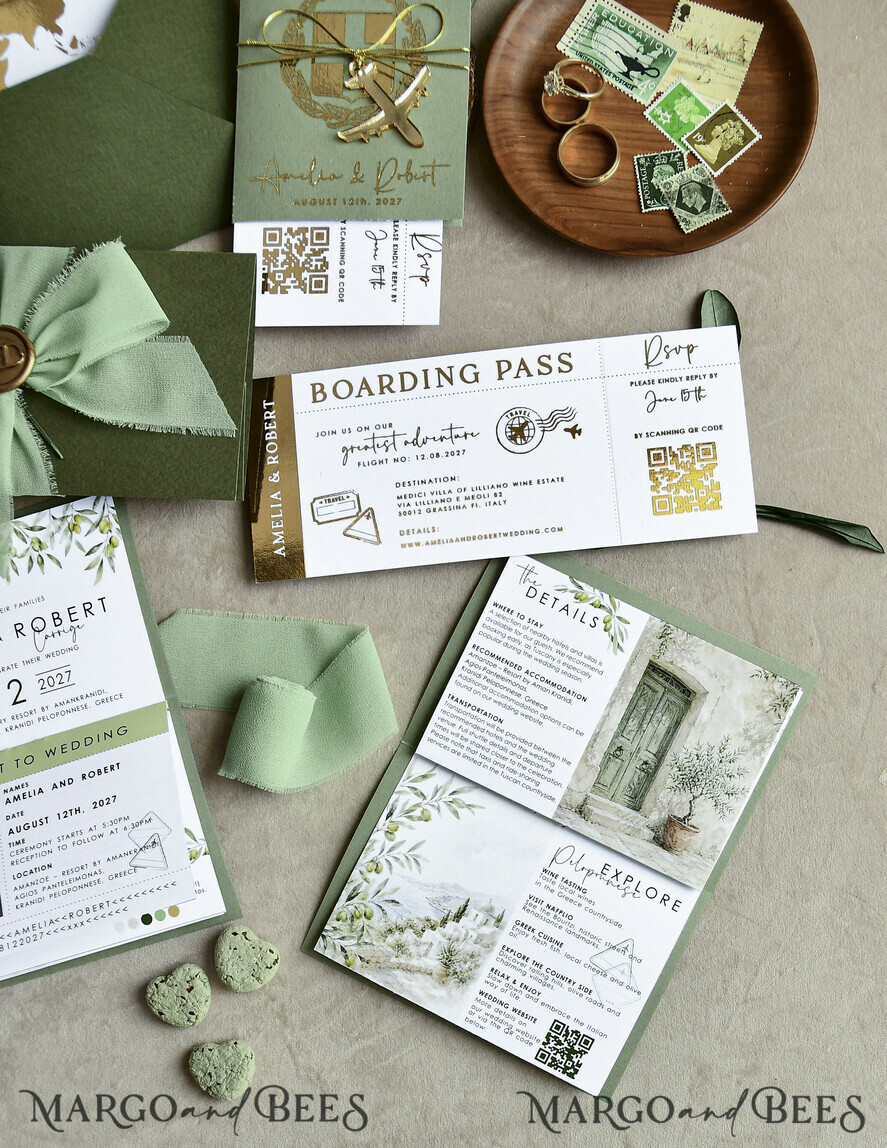 WEDDING INVITATIONS passport to love/ beach wedding invites  Gold Sage green Passport Wedding Invitation, Golden Wedding Cards Boarding Pass, Greenry Travel Passport Wedding Invitations Abroad, Destination Greece Wedding Invites, Tuscany Travel Map Wedding Stationary Italy World map 