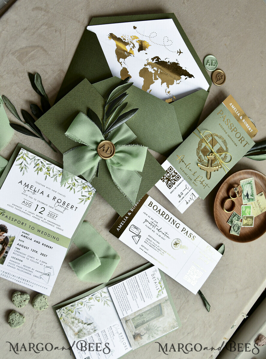 WEDDING INVITATIONS passport to love/ beach wedding invites  Gold Sage green Passport Wedding Invitation, Golden Wedding Cards Boarding Pass, Greenry Travel Passport Wedding Invitations Abroad, Destination Greece Wedding Invites, Tuscany Travel Map Wedding Stationary Italy World map 