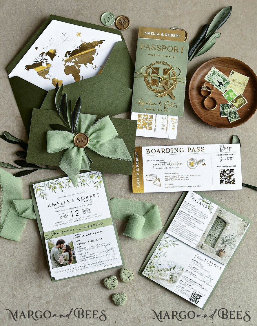 WEDDING INVITATIONS passport to love/ beach wedding invites  Gold Sage green Passport Wedding Invitation, Golden Wedding Cards Boarding Pass, Greenry Travel Passport Wedding Invitations Abroad, Destination Greece Wedding Invites, Tuscany Travel Map Wedding Stationary Italy World map 
