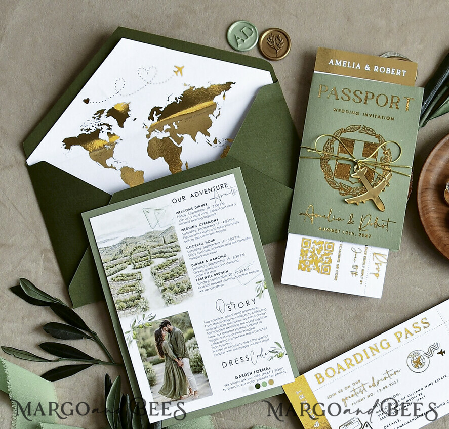 WEDDING INVITATIONS passport to love/ beach wedding invites  Gold Sage green Passport Wedding Invitation, Golden Wedding Cards Boarding Pass, Greenry Travel Passport Wedding Invitations Abroad, Destination Greece Wedding Invites, Tuscany Travel Map Wedding Stationary Italy World map 