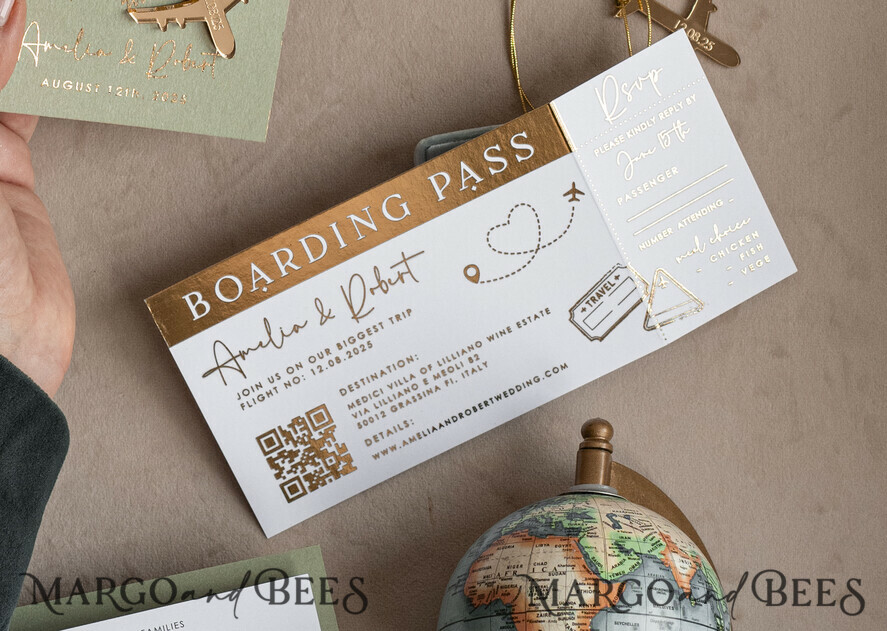 HOCHZEITS EINLADUNGEN Pass zur Liebe / Strandhochzeits-Einladungen Gold Salbeigrün Pass Hochzeitseinladung, Goldene Hochzeitseinladungen Boarding Pass, Grünreise Reisepass Hochzeitseinladungen im Ausland, Hochzeitskarten für Ziel Griechenland, Toskana Reisekarte Hochzeitspapeterie Italien Weltkarte.