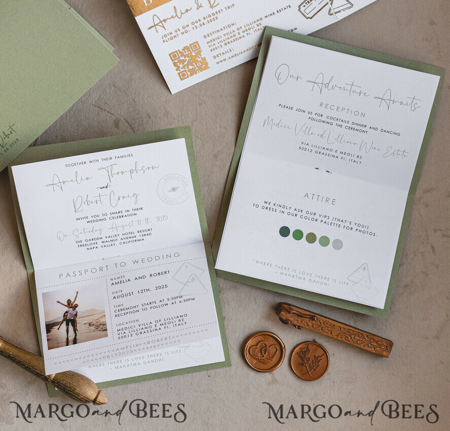 HOCHZEITS EINLADUNGEN Pass zur Liebe / Strandhochzeits-Einladungen Gold Salbeigrün Pass Hochzeitseinladung, Goldene Hochzeitseinladungen Boarding Pass, Grünreise Reisepass Hochzeitseinladungen im Ausland, Hochzeitskarten für Ziel Griechenland, Toskana Reisekarte Hochzeitspapeterie Italien Weltkarte.