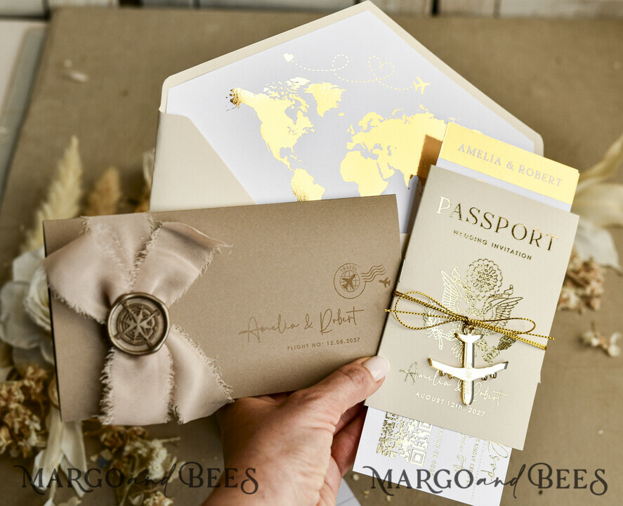 WEDDING INVITATIONS passport to love/ beach wedding invites  Gold White Passport Wedding Invitation, Golden Wedding Cards Boarding Pass, Bespoke Travel Passport Wedding Invitations Abroad, Destination Greece Wedding Invites, Travel Map Wedding Stationary,  World map 