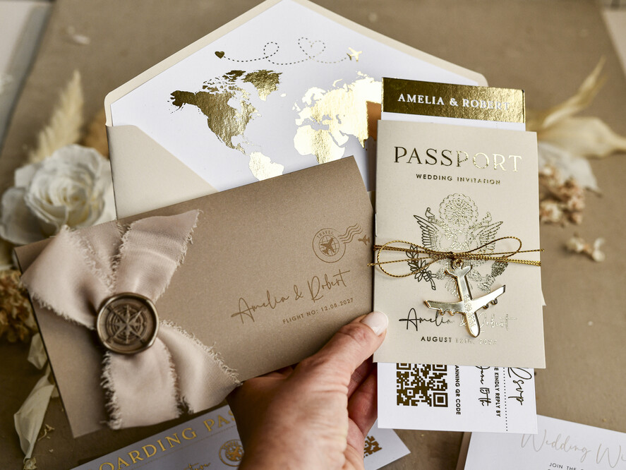 WEDDING INVITATIONS passport to love/ beach wedding invites  Gold White Passport Wedding Invitation, Golden Wedding Cards Boarding Pass, Bespoke Travel Passport Wedding Invitations Abroad, Destination Greece Wedding Invites, Travel Map Wedding Stationary,  World map 
