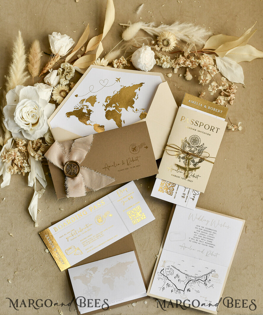 WEDDING INVITATIONS passport to love/ beach wedding invites  Gold White Passport Wedding Invitation, Golden Wedding Cards Boarding Pass, Bespoke Travel Passport Wedding Invitations Abroad, Destination Greece Wedding Invites, Travel Map Wedding Stationary,  World map 