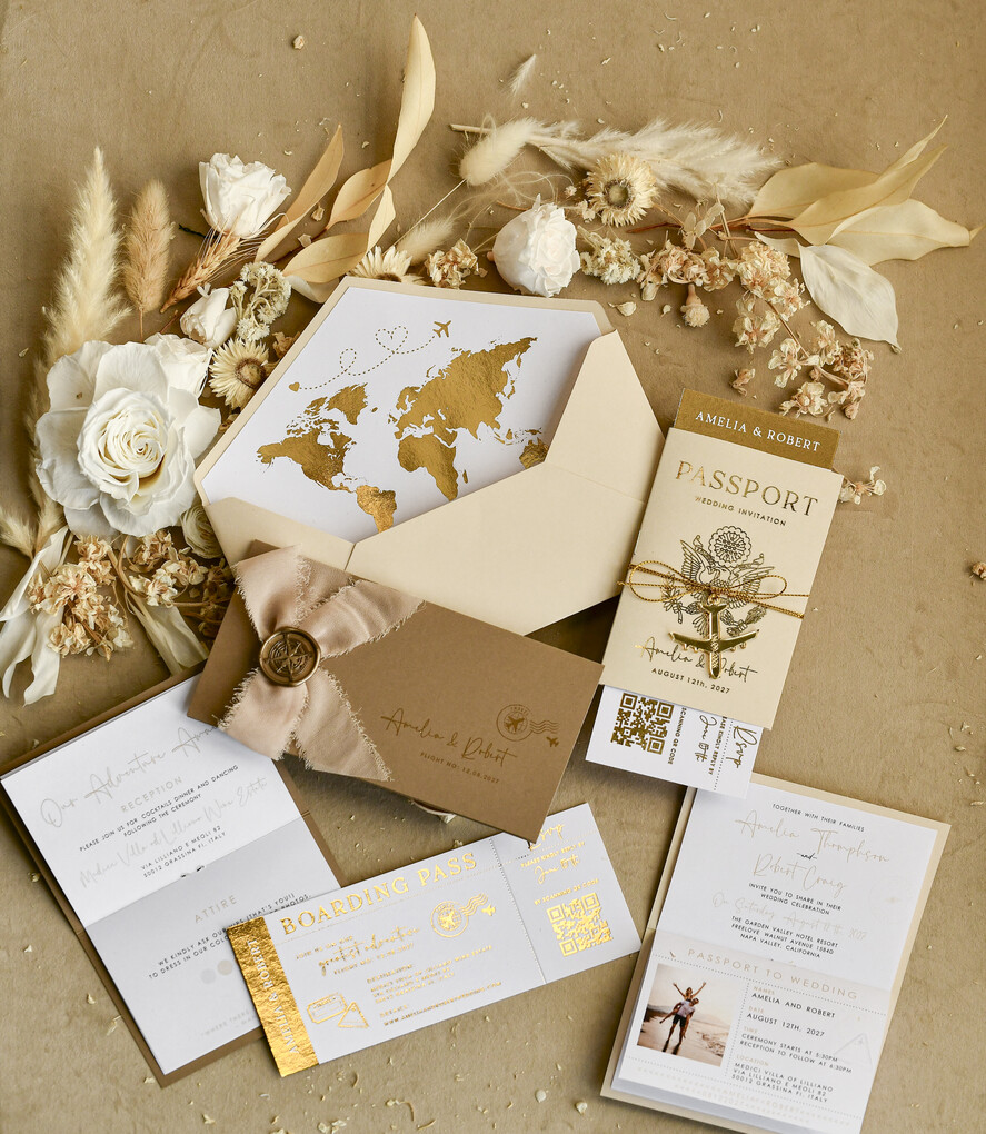 WEDDING INVITATIONS passport to love/ beach wedding invites  Gold White Passport Wedding Invitation, Golden Wedding Cards Boarding Pass, Bespoke Travel Passport Wedding Invitations Abroad, Destination Greece Wedding Invites, Travel Map Wedding Stationary,  World map 