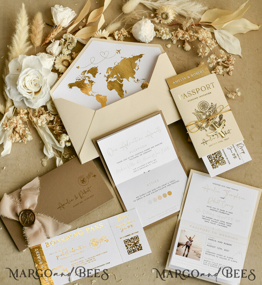 WEDDING INVITATIONS passport to love/ beach wedding invites  Gold White Passport Wedding Invitation, Golden Wedding Cards Boarding Pass, Bespoke Travel Passport Wedding Invitations Abroad, Destination Greece Wedding Invites, Travel Map Wedding Stationary,  World map 