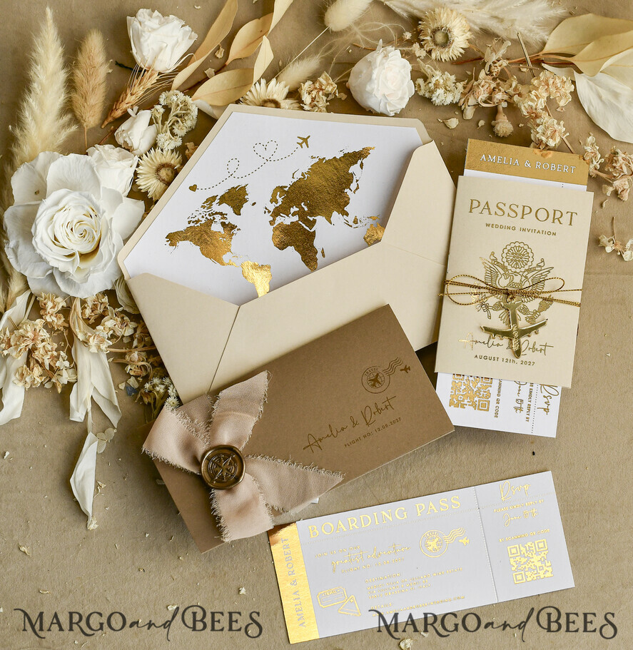 WEDDING INVITATIONS passport to love/ beach wedding invites  Gold White Passport Wedding Invitation, Golden Wedding Cards Boarding Pass, Bespoke Travel Passport Wedding Invitations Abroad, Destination Greece Wedding Invites, Travel Map Wedding Stationary,  World map 