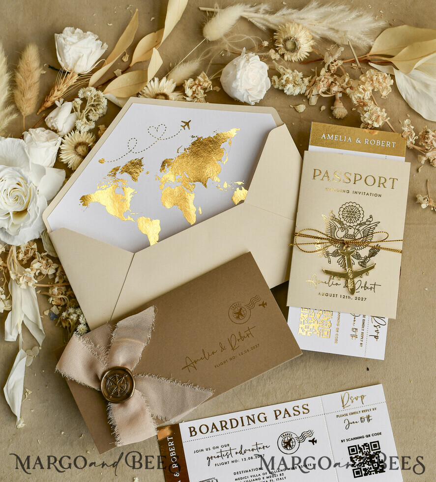 WEDDING INVITATIONS passport to love/ beach wedding invites  Gold White Passport Wedding Invitation, Golden Wedding Cards Boarding Pass, Bespoke Travel Passport Wedding Invitations Abroad, Destination Greece Wedding Invites, Travel Map Wedding Stationary,  World map 