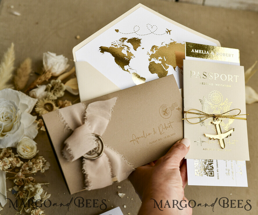 WEDDING INVITATIONS passport to love/ beach wedding invites  Gold White Passport Wedding Invitation, Golden Wedding Cards Boarding Pass, Bespoke Travel Passport Wedding Invitations Abroad, Destination Greece Wedding Invites, Travel Map Wedding Stationary,  World map 