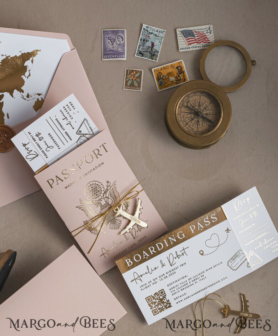 HOCHZEITS EINLADUNGEN Pass zur Liebe / Strandhochzeits-Einladungen Goldene Blühende Pink Passport Hochzeits Einladung, Goldene Hochzeitskarten Boarding Pass, Reise Pass Hochzeits Einladungen im Ausland, Ziel Hochzeits Einladungen, Reise Karte Hochzeitsstationery.