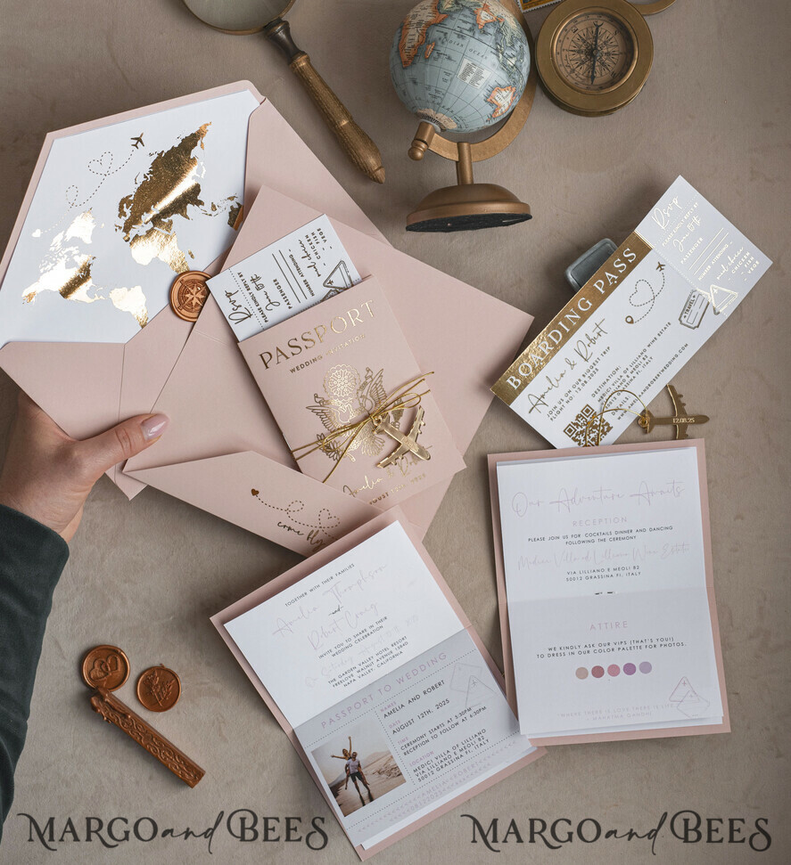 HOCHZEITS EINLADUNGEN Pass zur Liebe / Strandhochzeits-Einladungen Goldene Blühende Pink Passport Hochzeits Einladung, Goldene Hochzeitskarten Boarding Pass, Reise Pass Hochzeits Einladungen im Ausland, Ziel Hochzeits Einladungen, Reise Karte Hochzeitsstationery.
