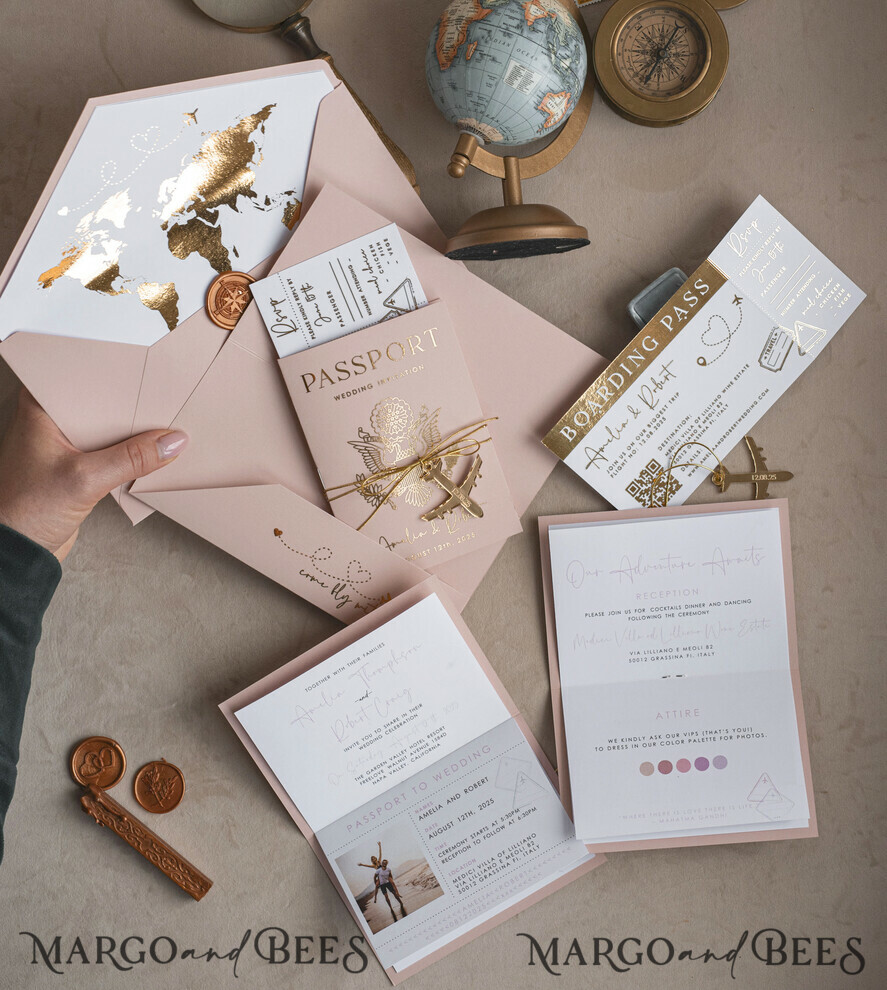 HOCHZEITS EINLADUNGEN Pass zur Liebe / Strandhochzeits-Einladungen Goldene Blühende Pink Passport Hochzeits Einladung, Goldene Hochzeitskarten Boarding Pass, Reise Pass Hochzeits Einladungen im Ausland, Ziel Hochzeits Einladungen, Reise Karte Hochzeitsstationery.