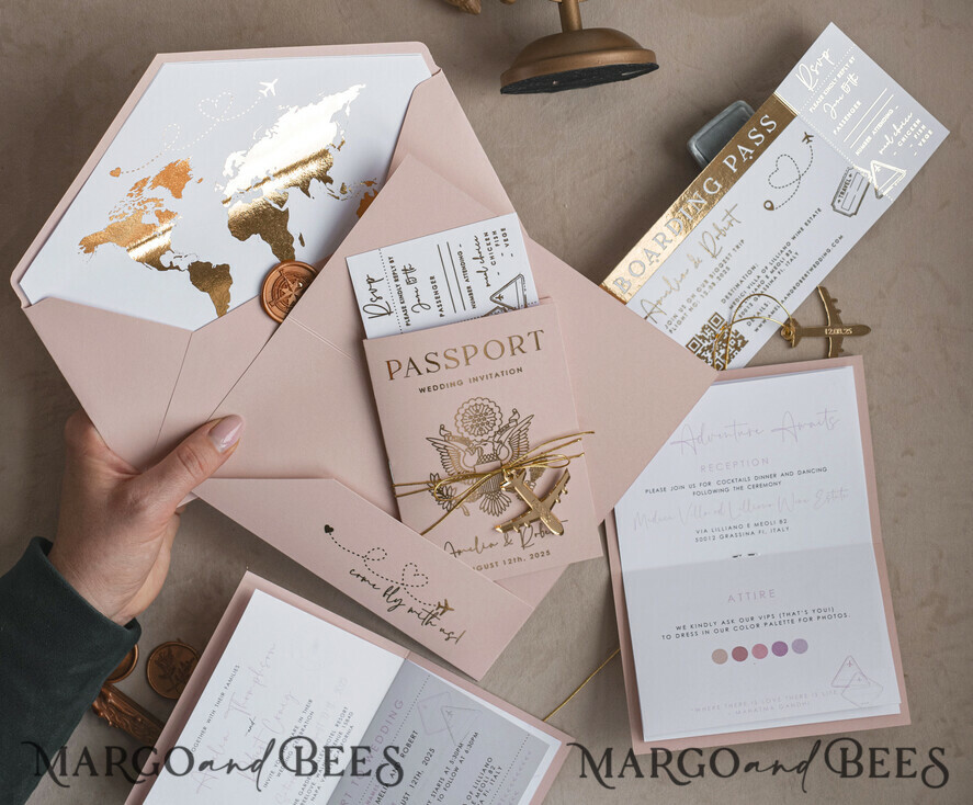 HOCHZEITS EINLADUNGEN Pass zur Liebe / Strandhochzeits-Einladungen Goldene Blühende Pink Passport Hochzeits Einladung, Goldene Hochzeitskarten Boarding Pass, Reise Pass Hochzeits Einladungen im Ausland, Ziel Hochzeits Einladungen, Reise Karte Hochzeitsstationery.