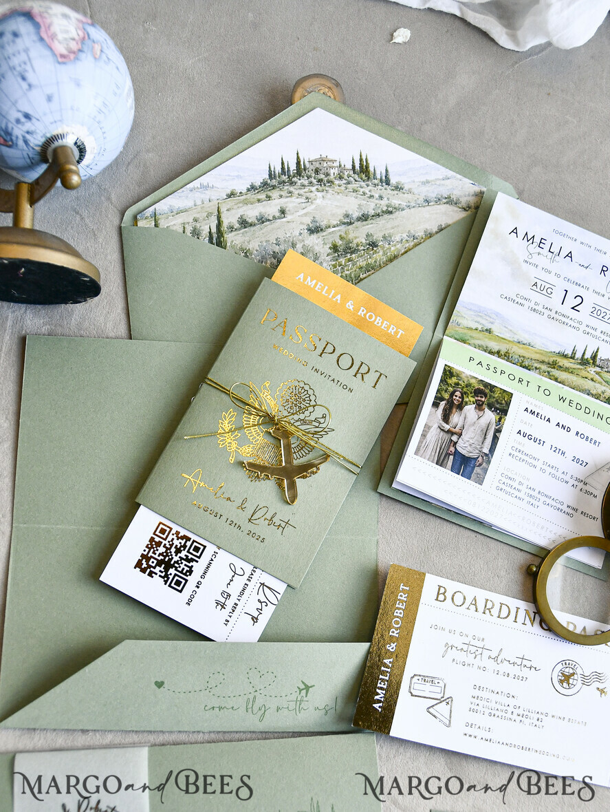 WEDDING INVITATIONS passport to love/ beach wedding invites  Sage Green Passport Wedding Invitation, Wedding Cards  Boarding Pass,  Tuscany Passport Wedding Invitations  Abroad, Destination Wedding Invites, Travel Map Wedding Stationary
