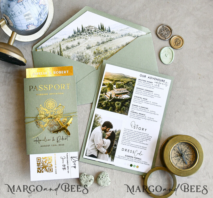 WEDDING INVITATIONS passport to love/ beach wedding invites  Sage Green Passport Wedding Invitation, Wedding Cards  Boarding Pass,  Tuscany Passport Wedding Invitations  Abroad, Destination Wedding Invites, Travel Map Wedding Stationary