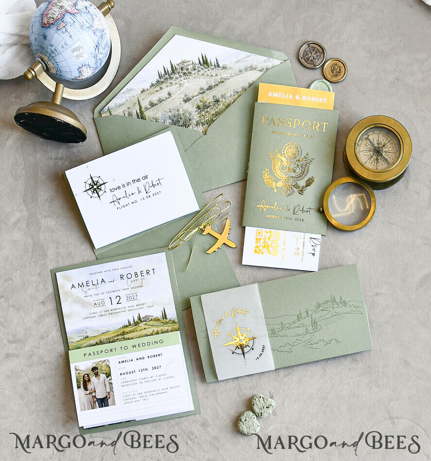 WEDDING INVITATIONS passport to love/ beach wedding invites  Sage Green Passport Wedding Invitation, Wedding Cards  Boarding Pass,  Tuscany Passport Wedding Invitations  Abroad, Destination Wedding Invites, Travel Map Wedding Stationary