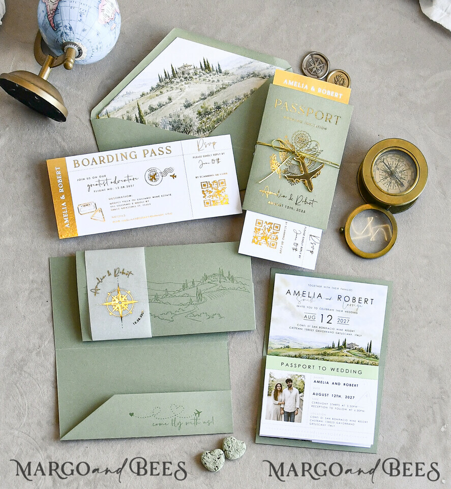WEDDING INVITATIONS passport to love/ beach wedding invites  Sage Green Passport Wedding Invitation, Wedding Cards  Boarding Pass,  Tuscany Passport Wedding Invitations  Abroad, Destination Wedding Invites, Travel Map Wedding Stationary