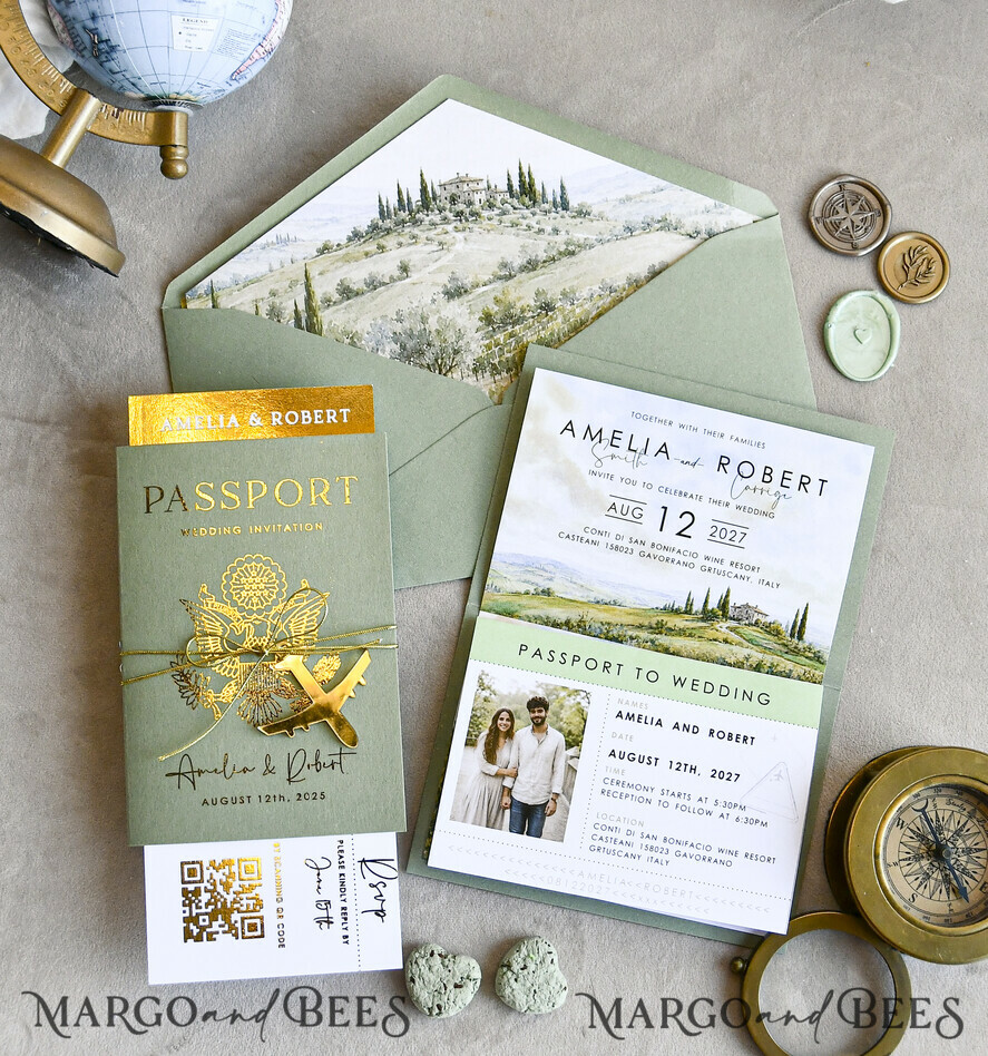 WEDDING INVITATIONS passport to love/ beach wedding invites  Sage Green Passport Wedding Invitation, Wedding Cards  Boarding Pass,  Tuscany Passport Wedding Invitations  Abroad, Destination Wedding Invites, Travel Map Wedding Stationary