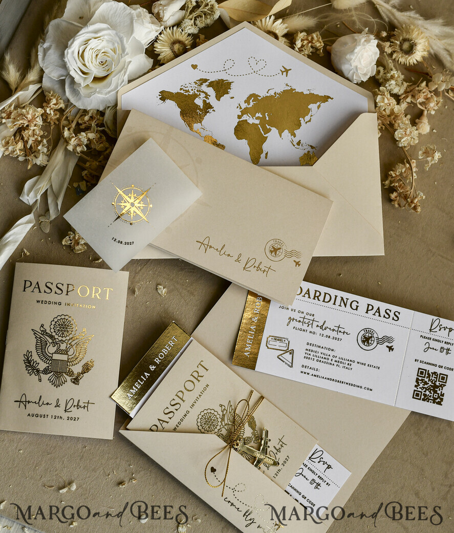 WEDDING INVITATIONS passport to love/ beach wedding invites  Gold White Passport Wedding Invitation, Golden Wedding Cards Boarding Pass, Bespoke Travel Passport Wedding Invitations Abroad, Destination Greece Wedding Invites, Travel Map Wedding Stationary,  World map 